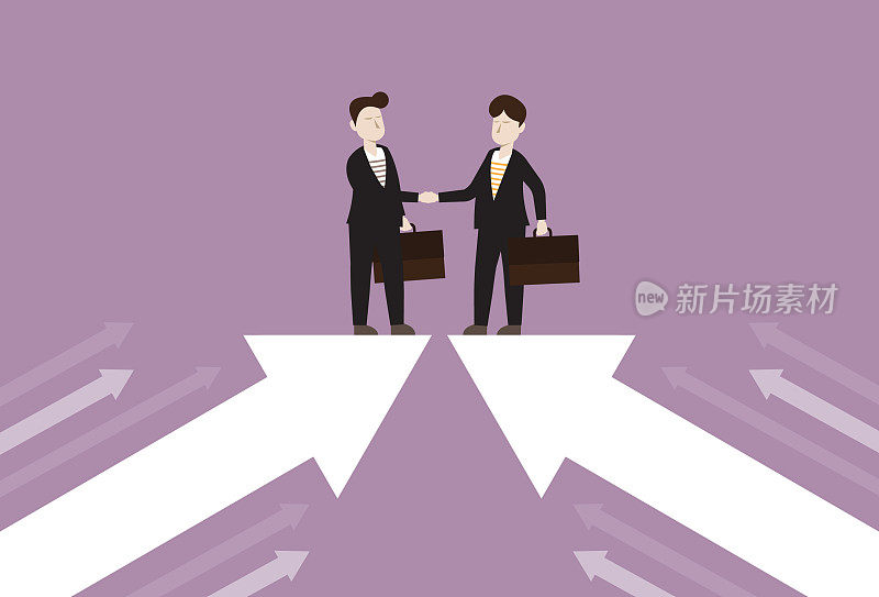 Business partners handshake and standing on the arrow